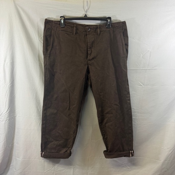 J Crew Wallace & Barnes Pants Mens 38x32 Brown Selvedge Chino Button Fly Cotton - Picture 1 of 12
